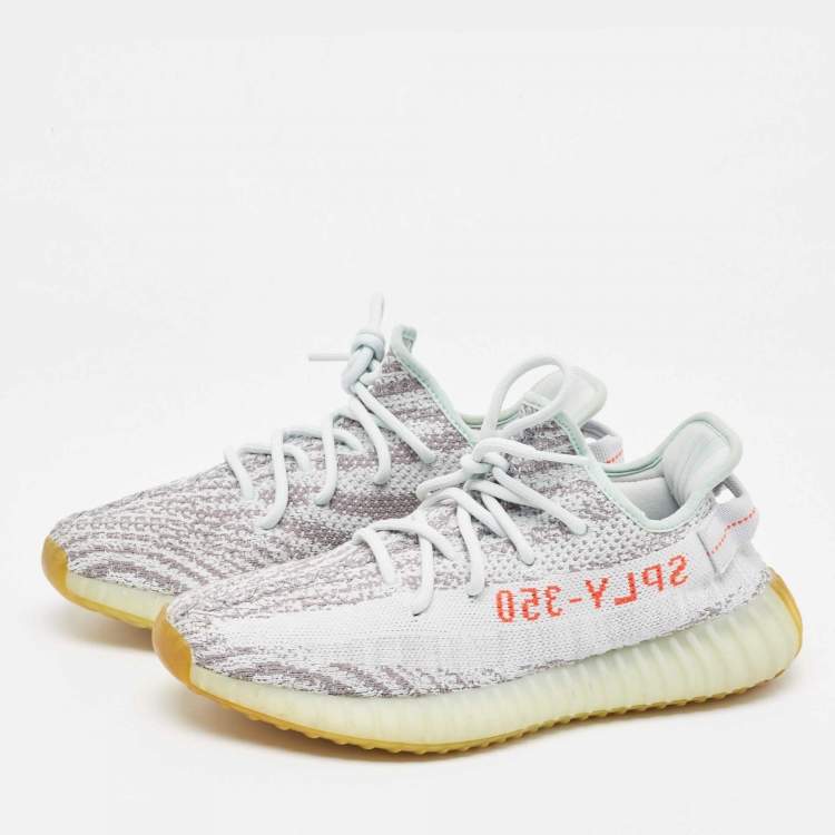 Pre Owned Yeezy x Adidas Grey/Blue Knit Fabric Boost 350 V2 Blue Tint Sneakers Size 42