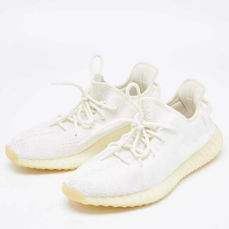 Pre Owned Yeezy x Adidas White Knit Fabric Boost 350 V2 Cream Sneakers Size 46 2/3