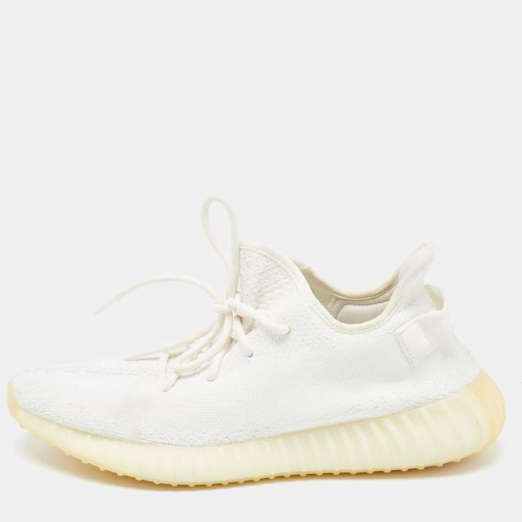 Pre Owned Yeezy x Adidas White Knit Fabric Boost 350 V2 Cream Sneakers Size 46 2/3