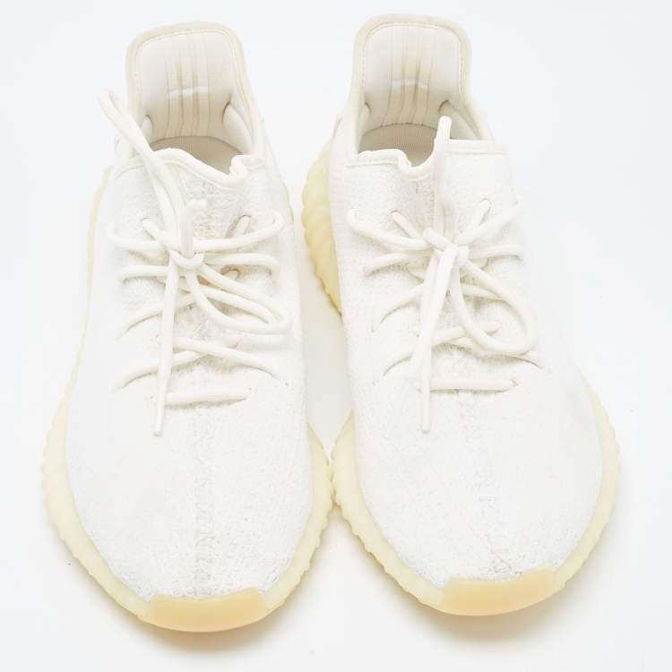 Pre Owned Yeezy x Adidas White Knit Fabric Boost 350 V2 Cream Sneakers Size 46 2/3