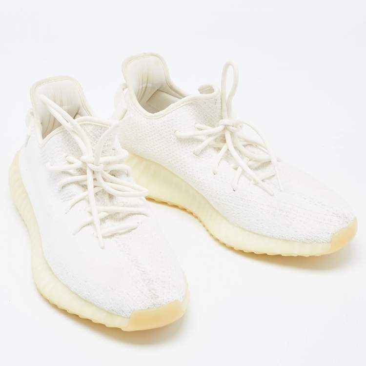 Pre Owned Yeezy x Adidas White Knit Fabric Boost 350 V2 Cream Sneakers Size 46 2/3