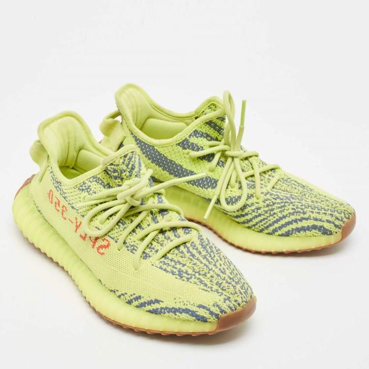 Pre Owned Yeezy x Adidas Yellow/Blue Knit Fabric Boost 350 V2 Semi Frozen Yellow Sneakers Size 40