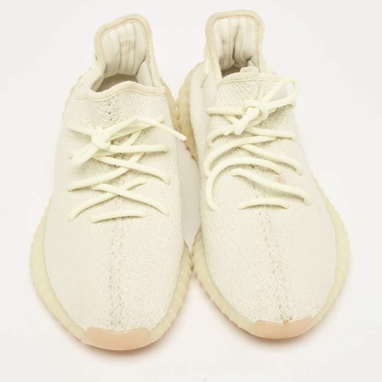 Pre Owned Yeezy x Adidas Light Yellow Knit Fabric Boost 350 V2 Butter Sneakers Size 42 2/3