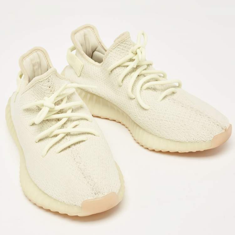 Pre Owned Yeezy x Adidas Light Yellow Knit Fabric Boost 350 V2 Butter Sneakers Size 42 2/3