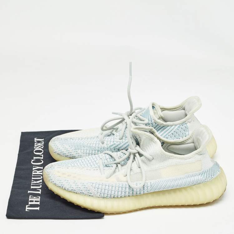 Pre Owned Yeezy x Adidas White/Green Knit Fabric Boost 350 V2 Cloud White Non Reflective Sneakers Size 44