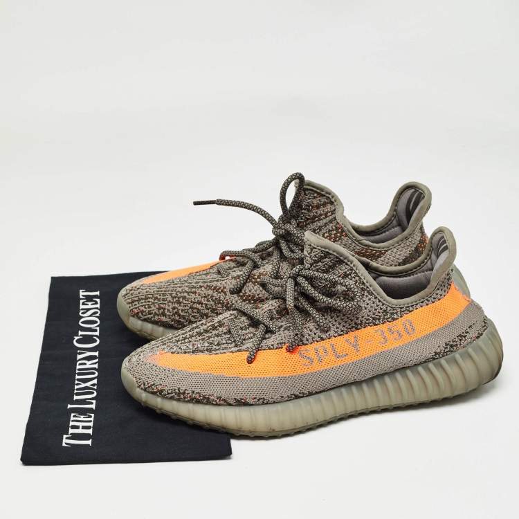 مملوكة مسبقًا Yeezy x Adidas Grey/Neon Orange Knit Fabric Boost 350 V2 Beluga Reflective Sneakers Size 43 1/3