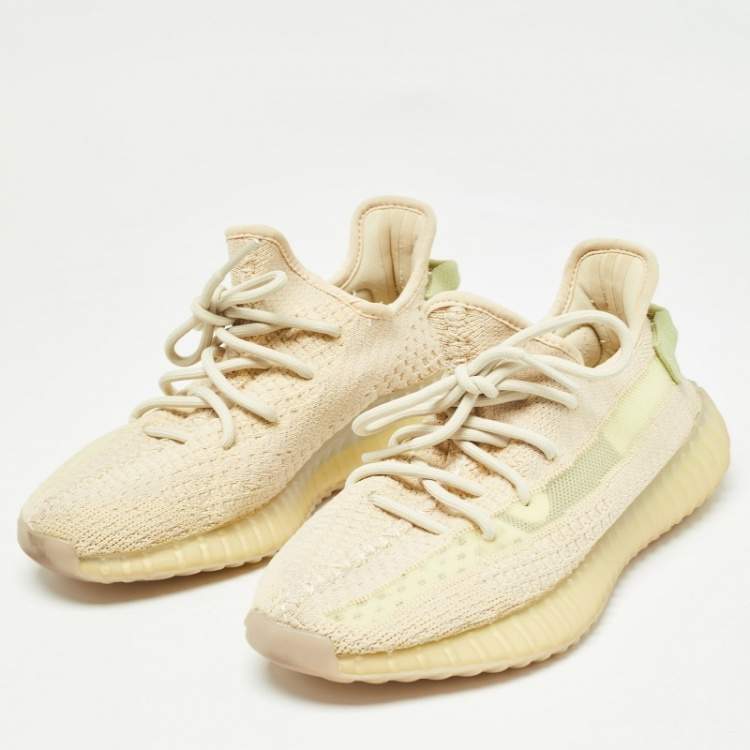 Pre Owned Yeezy x Adidas Beige Knit Fabric Boost-350-v2-Flax Sneakers Size 39.5