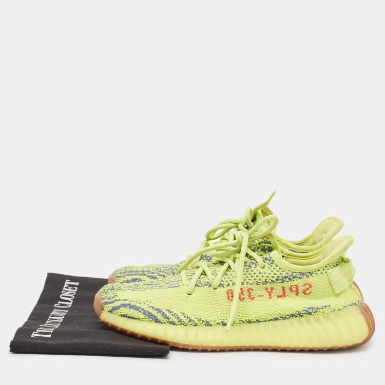Pre Owned Yeezy x Adidas Neon Yellow/Blue Knit Fabric Boost 350 V2 Semi Frozen Yellow Sneakers Size 39 1/3