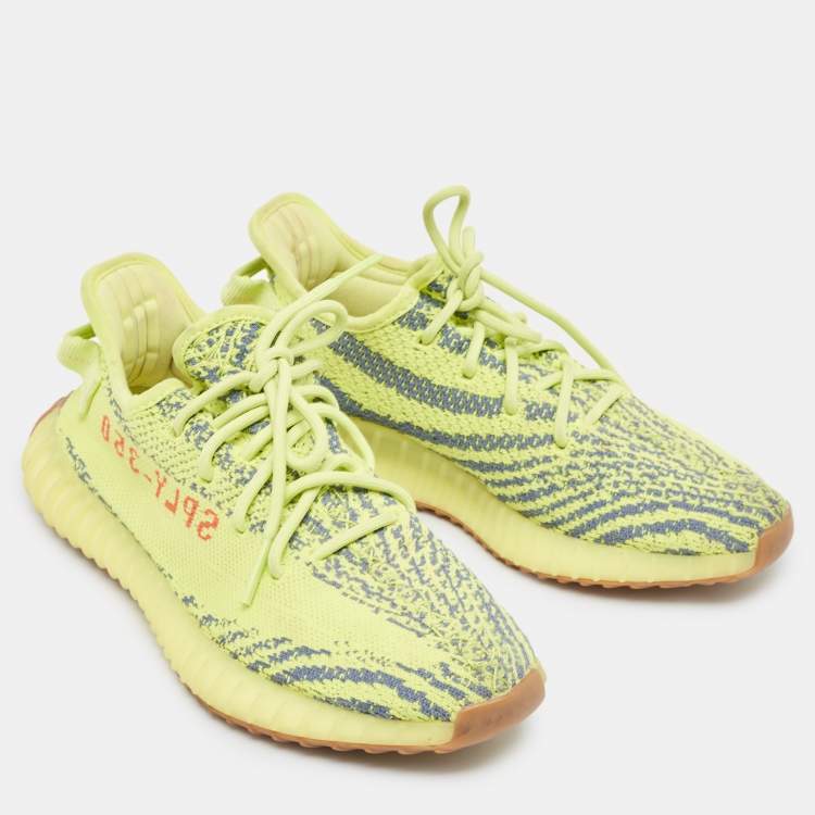 Pre Owned Yeezy x Adidas Neon Yellow/Blue Knit Fabric Boost 350 V2 Semi Frozen Yellow Sneakers Size 39 1/3