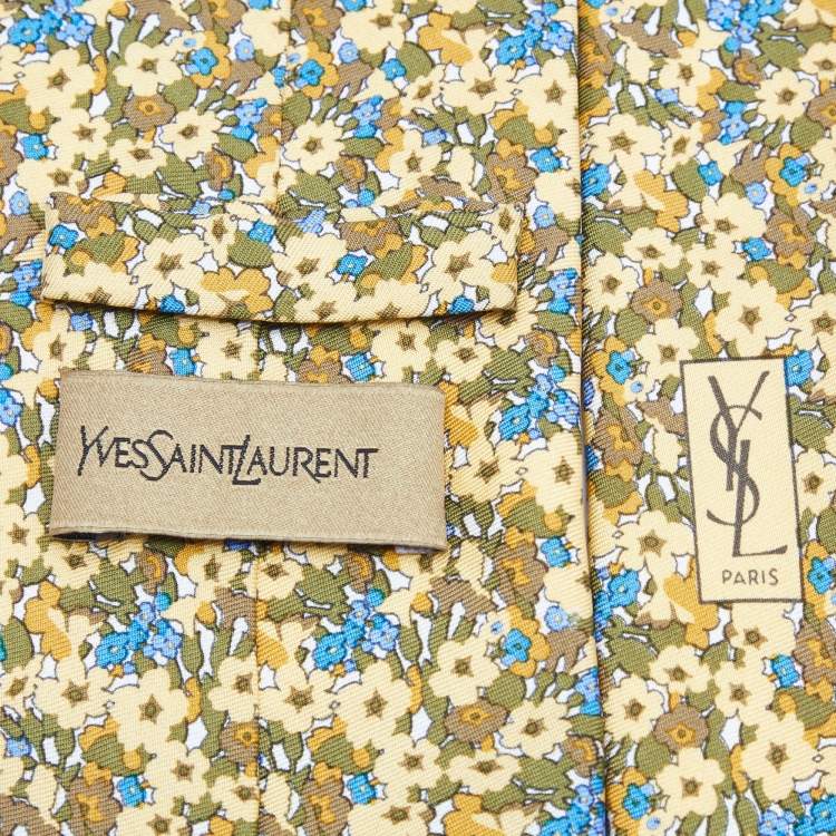 Pre Owned Yves Saint Laurent Vintage Yellow Floral Print Silk Traditional Tie 