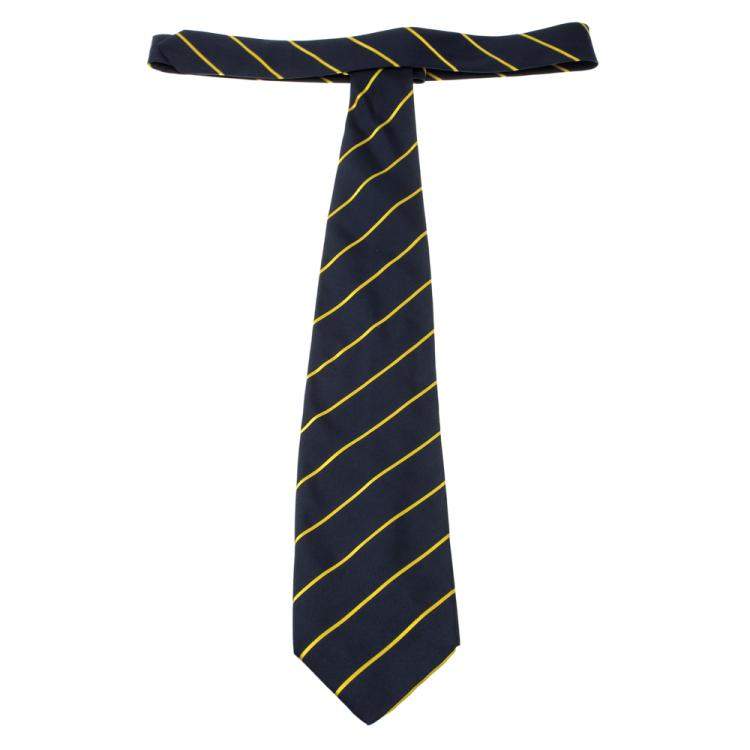 Pre Owned Yves Saint Laurent Vintage Navy Blue and Yellow Striped Silk Tie