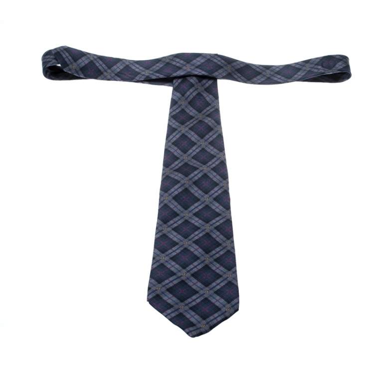 Pre Owned Yves Saint Laurent Navy Blue Plaid Silk Tie 