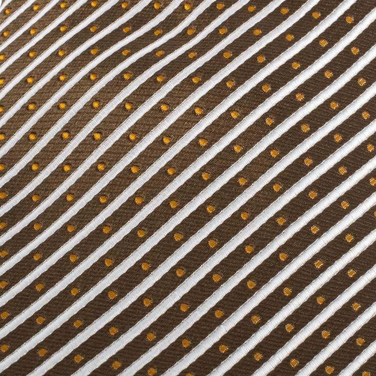 Pre Owned Yves Saint Laurent Light Brown Diagonal Striped Silk Jacquard Traditional Tie 
