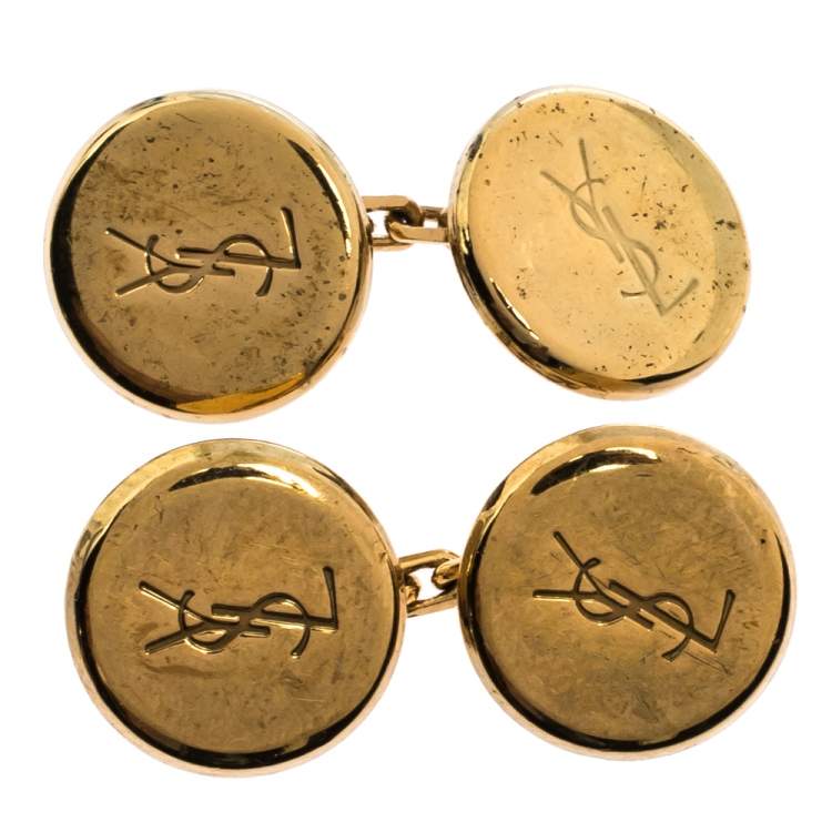 Pre Owned Yves Saint Laurent Gold Tone Round Logo Cufflinks