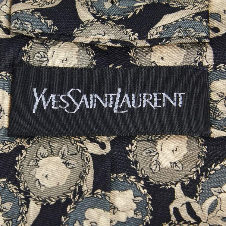 Pre Owned Yves Saint Laurent Black Rose Printed Silk Tie