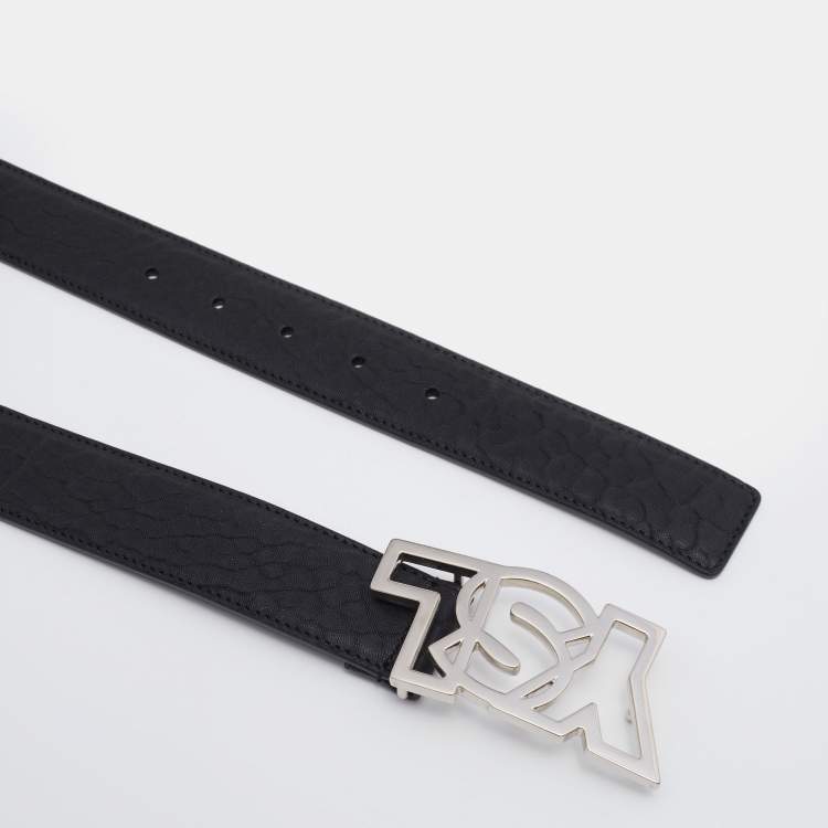 Pre Owned Yves Saint Laurent Black Leather Logo Buckle Belt 105CM