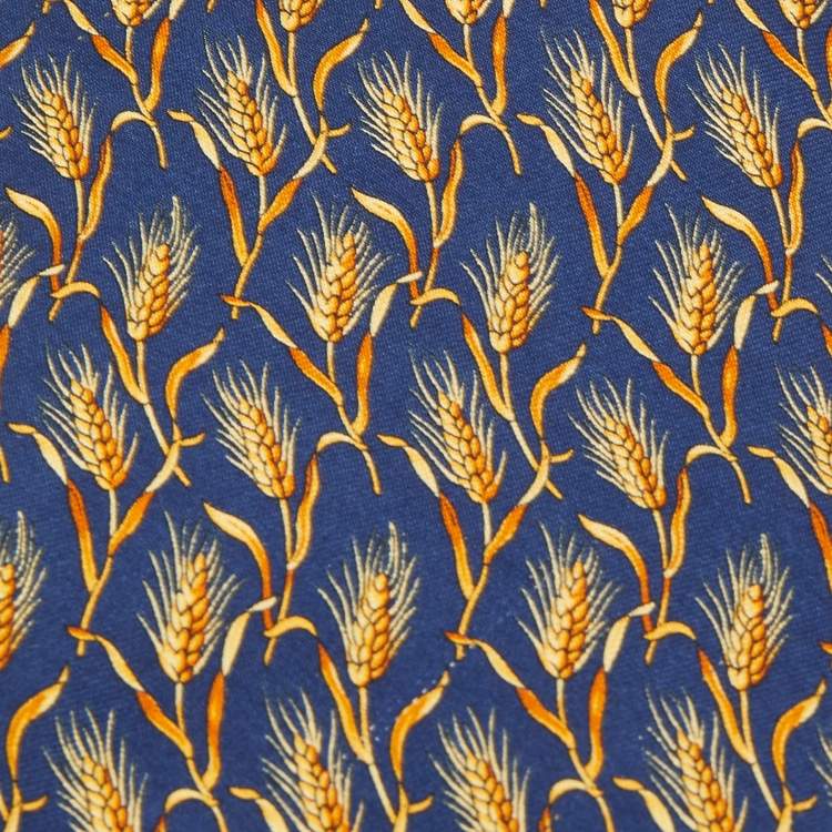 Pre Owned Yves Saint Laurent Paris Navy Blue Wheat Print Silk Tie