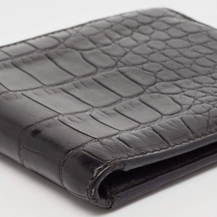 Pre Owned Yves Saint Laurent Black Crocodile Bifold Wallet