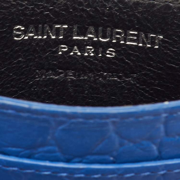 Pre Owned Yves Saint Laurent Monogram Blue Croc Embossed Leather Card Holder
