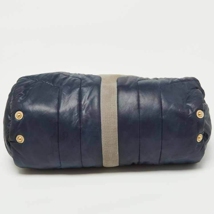 Pre Owned Yves Saint Laurent Navy Blue Satin and Knit Fabric Duffel Bag