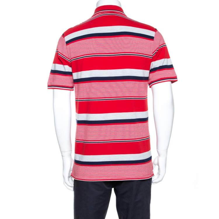 Pre Owned Yves Saint Laurent Red Striped Pique Cotton Polo T-Shirt M