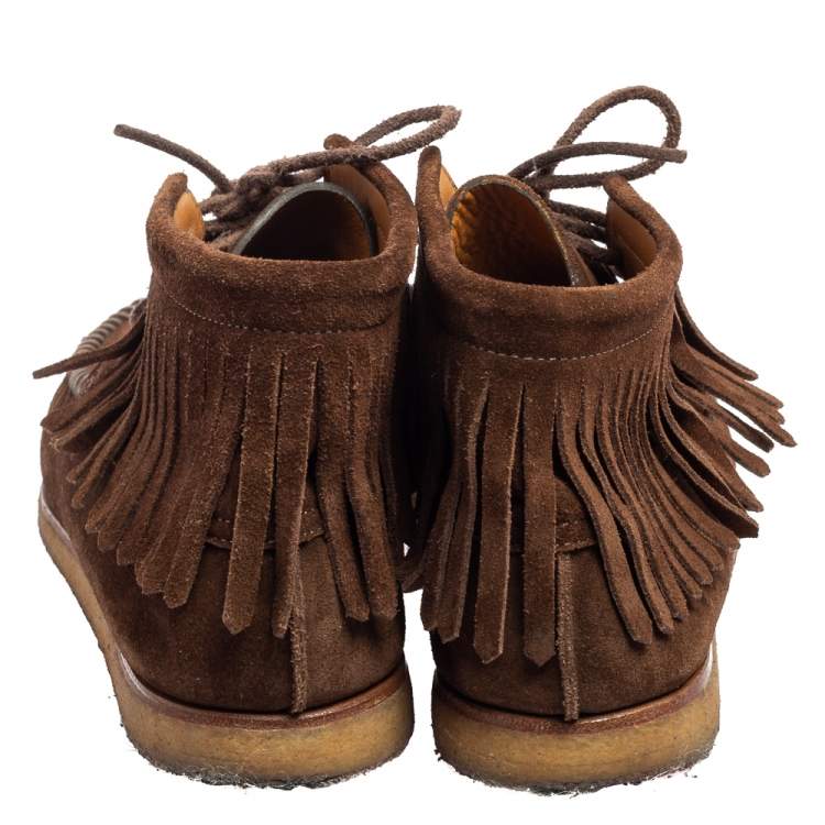 Pre Owned Saint Laurent Dark Brown Suede Fringed Ankle-Boots Size 41.5