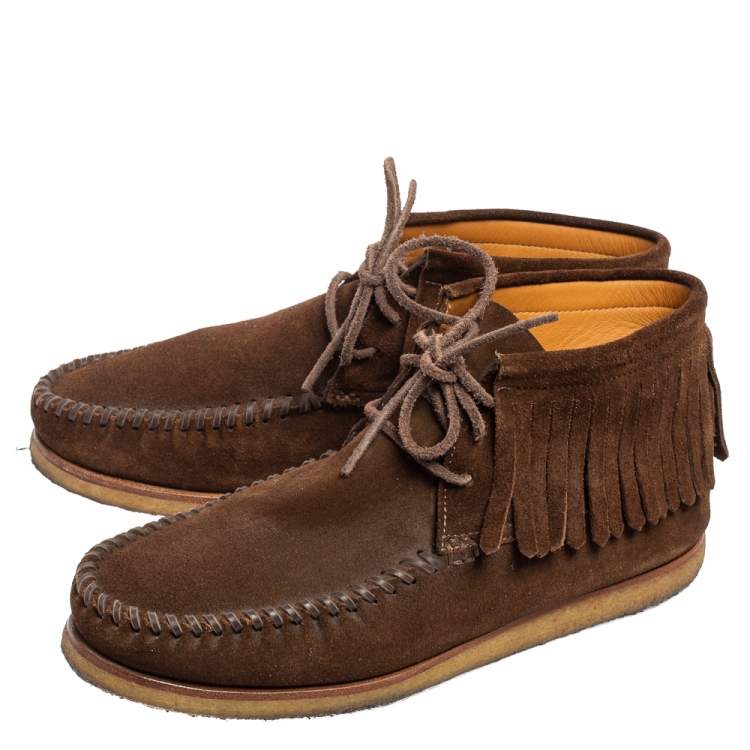 Pre Owned Saint Laurent Dark Brown Suede Fringed Ankle-Boots Size 41.5
