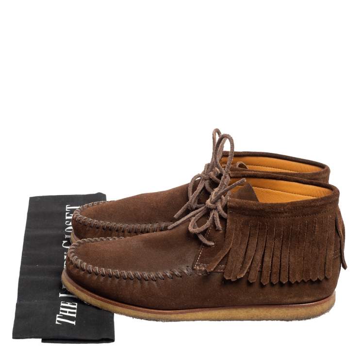 Pre Owned Saint Laurent Dark Brown Suede Fringed Ankle-Boots Size 41.5