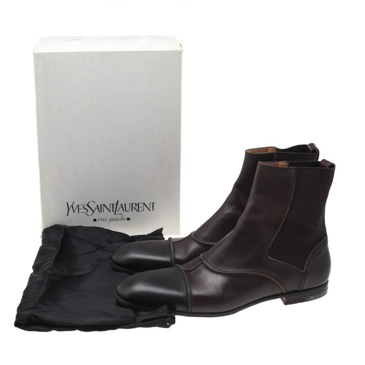 Pre Owned Yves Saint Laurent Dark Brown Leather Cap-Toe Ankle Boots Size 44.5