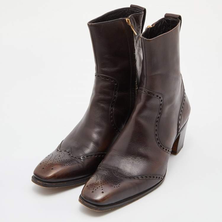 Pre Owned Yves Saint Laurent Dark Brown Leather Ankle Boots Size 42.5