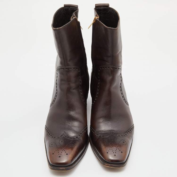 Pre Owned Yves Saint Laurent Dark Brown Leather Ankle Boots Size 42.5