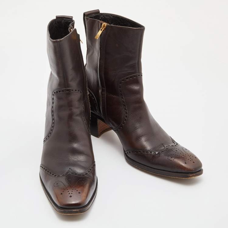 Pre Owned Yves Saint Laurent Dark Brown Leather Ankle Boots Size 42.5