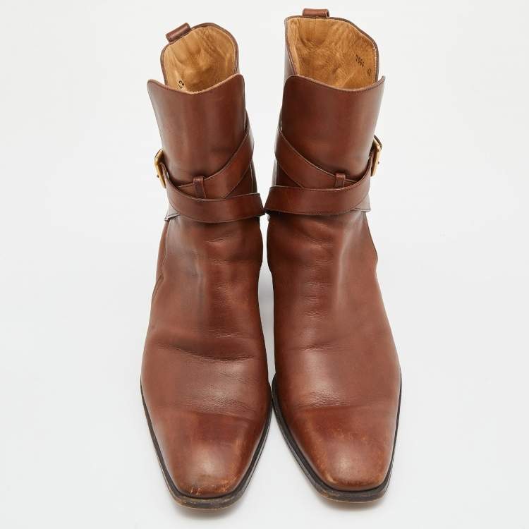 Pre Owned Yves Saint Laurent Brown Leather Ankle Boots Size 42