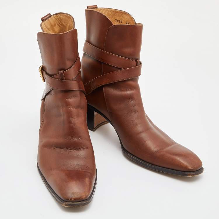 Pre Owned Yves Saint Laurent Brown Leather Ankle Boots Size 42