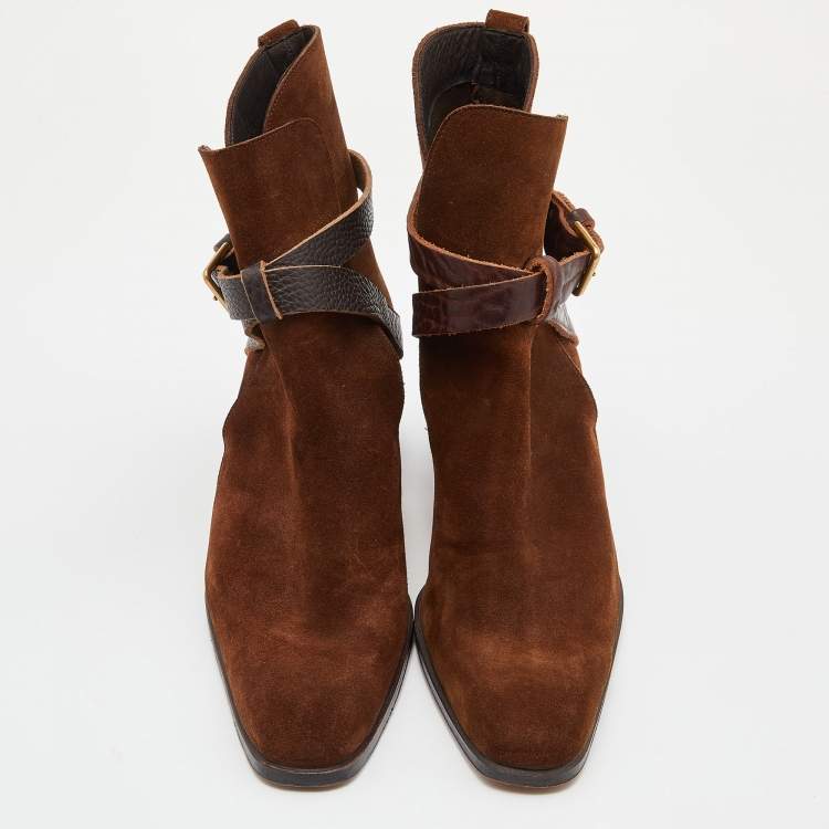 Pre Owned Yves Saint Laurent Brown Suede and Leather Ankle Length Boots Size 42