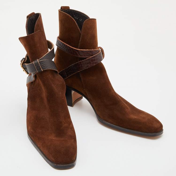 Pre Owned Yves Saint Laurent Brown Suede and Leather Ankle Length Boots Size 42