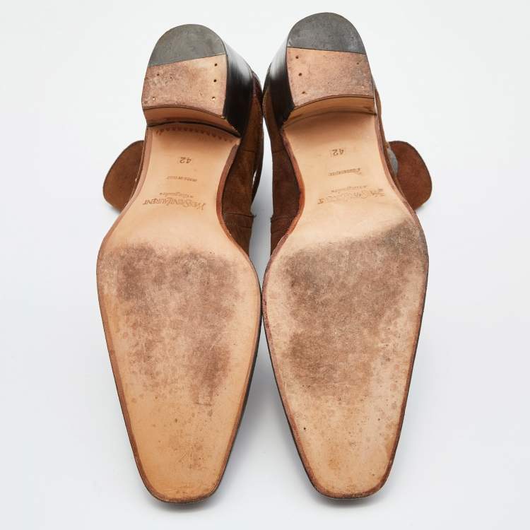 Pre Owned Yves Saint Laurent Brown Suede and Leather Ankle Length Boots Size 42