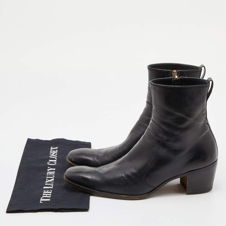 Pre Owned Yves Saint Laurent Black Leather Zip Ankle Length Boots Size 42.5