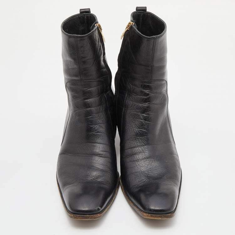 Pre Owned Yves Saint Laurent Black Leather Zip Ankle Length Boots Size 42.5