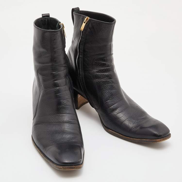 Pre Owned Yves Saint Laurent Black Leather Zip Ankle Length Boots Size 42.5