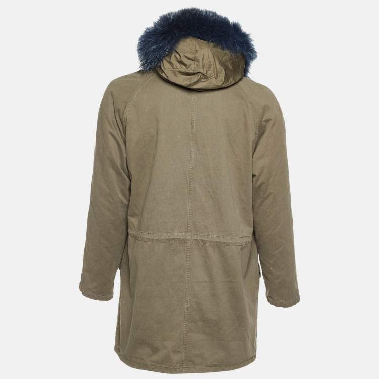 Pre Owned Yves Salomon X Harrods Green/Blue Fur and Gabardine Long Hooded Jacket M
