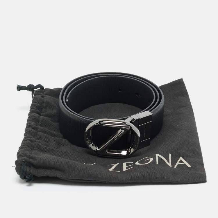 Pre Owned Z Zegna Logo 95 CM Reversible Buckle Belt Black Leather