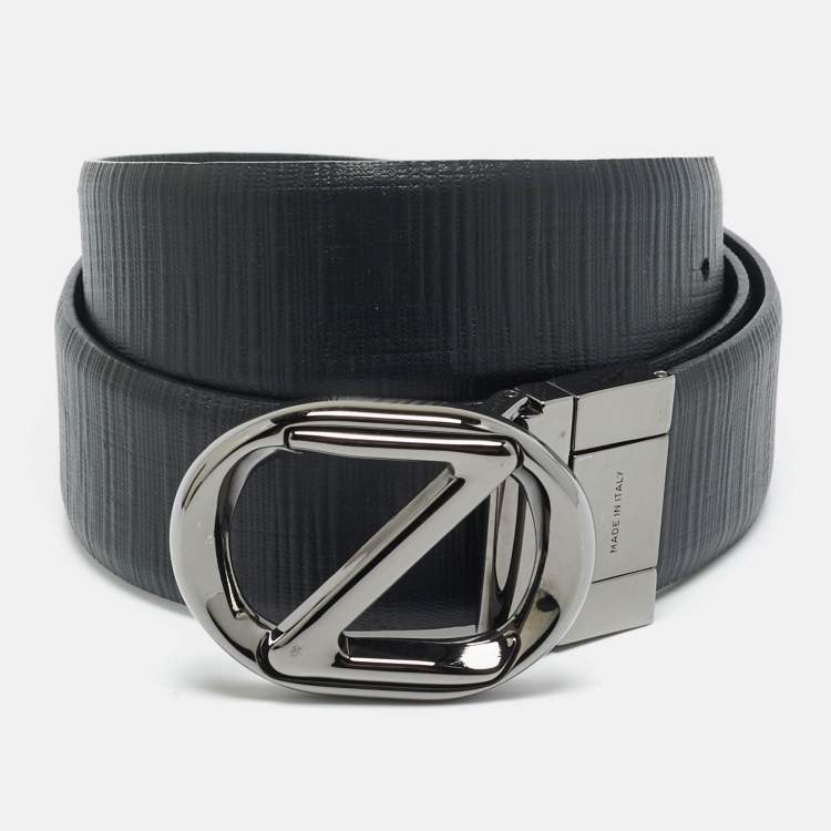 Pre Owned Z Zegna Logo 95 CM Reversible Buckle Belt Black Leather