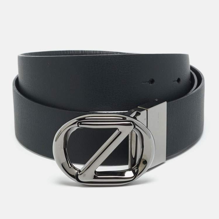 Pre Owned Z Zegna Logo 95 CM Reversible Buckle Belt Black Leather