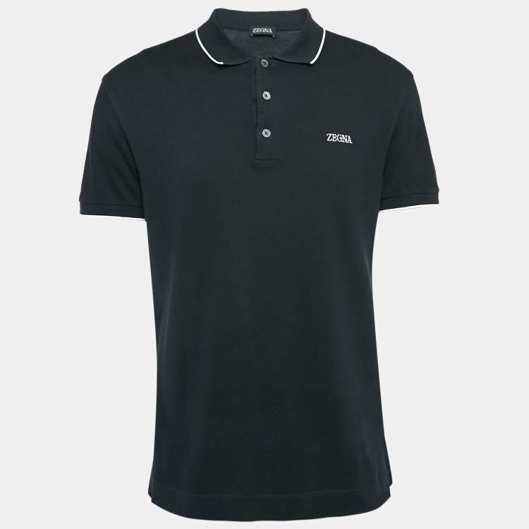 Pre Owned Z Zegna Black Logo Embroidered Cotton Knit Polo L