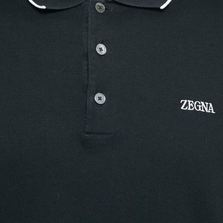 Pre Owned Z Zegna Black Logo Embroidered Cotton Knit Polo L