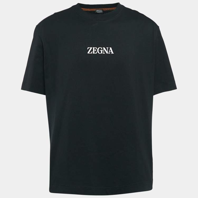 Pre Owned Zegna Black Logo Print Jersey Crew Neck -Shirt XXL