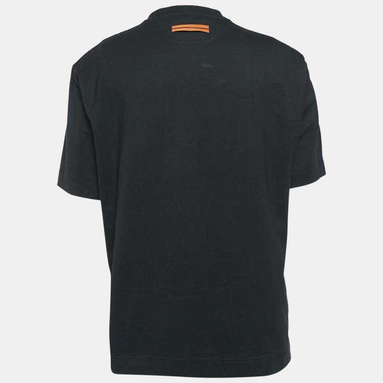 Pre Owned Zegna Black Logo Print Jersey Crew Neck -Shirt XXL