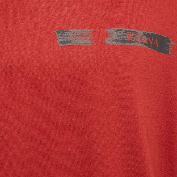 Pre Owned Z Zegna Red Logo Print Cotton Crew Neck T-Shirt L