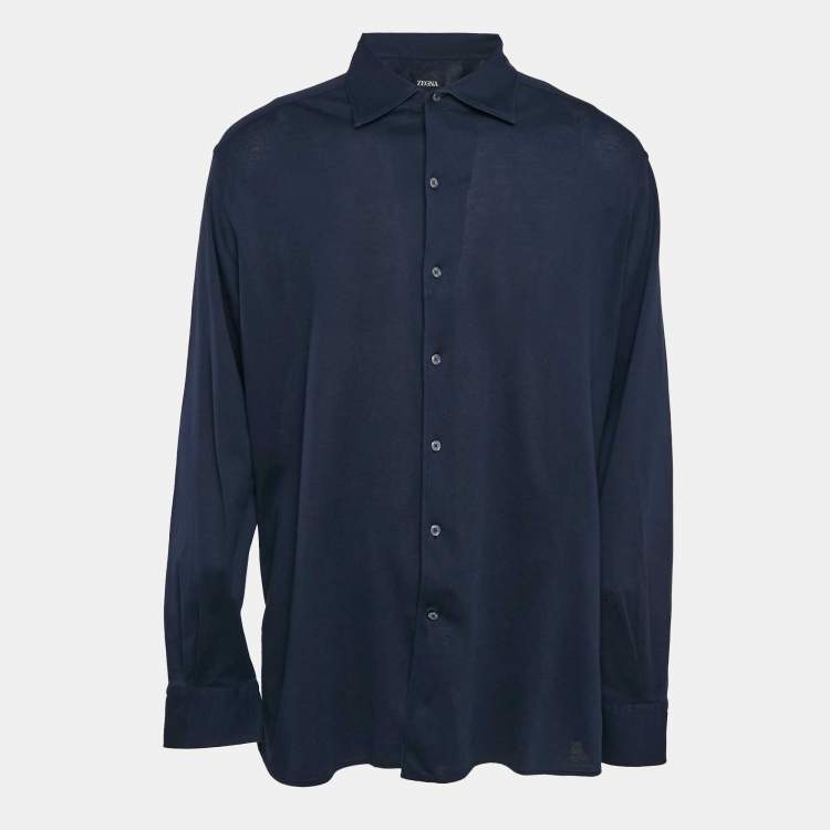 Pre Owned Z Zegna Navy Blue Textured Cotton Long Sleeve Shirt XXL